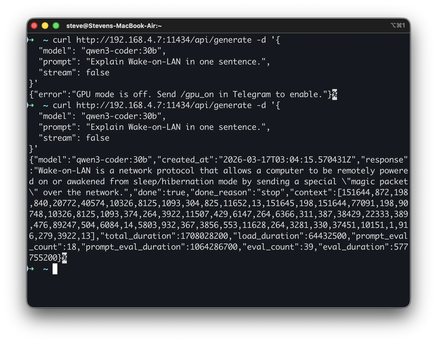 Terminal showing curl requests to the GPU bridge - first returning GPU mode off error, second returning a successful inference response