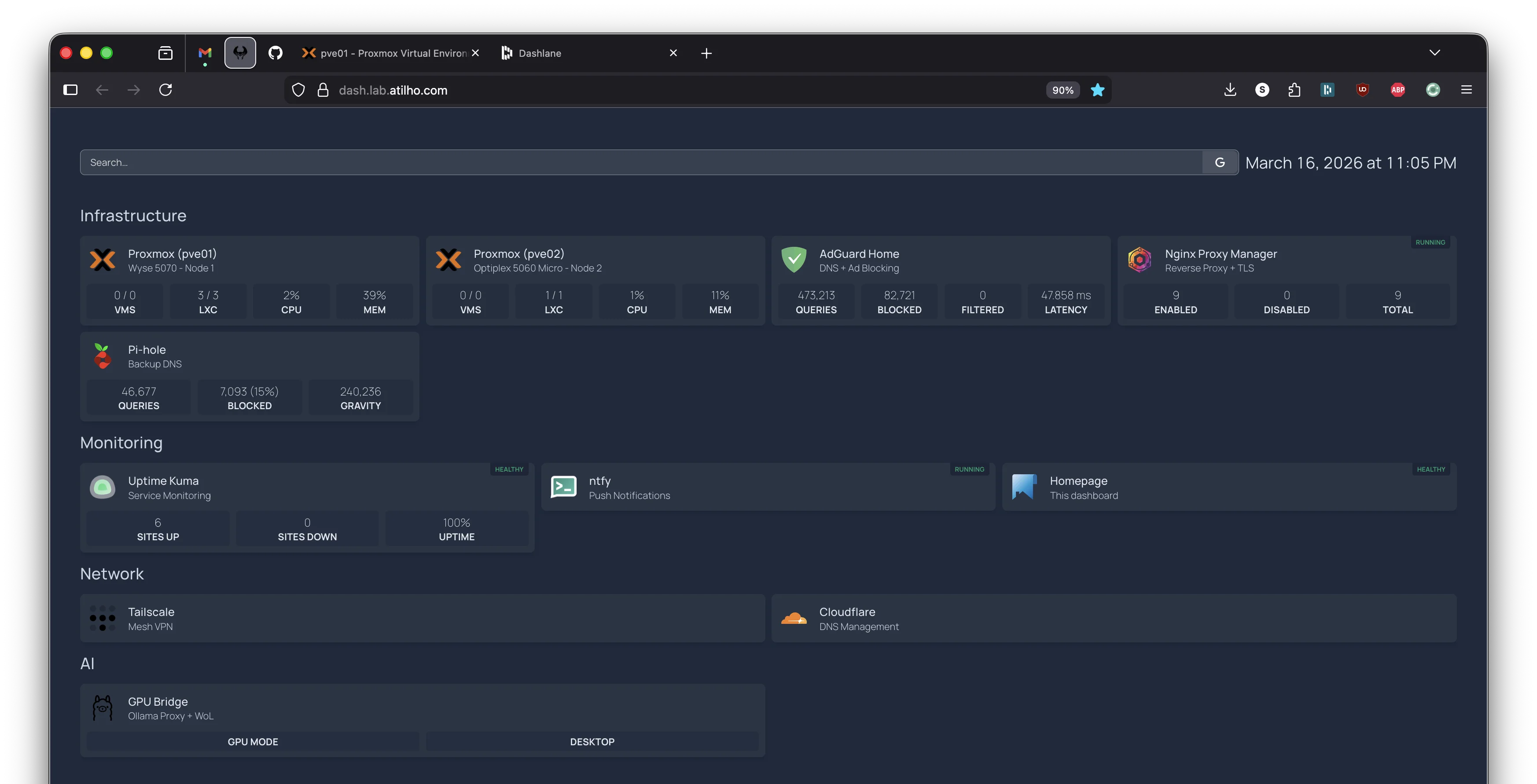 Homepage dashboard with GPU Bridge status widget in the AI section