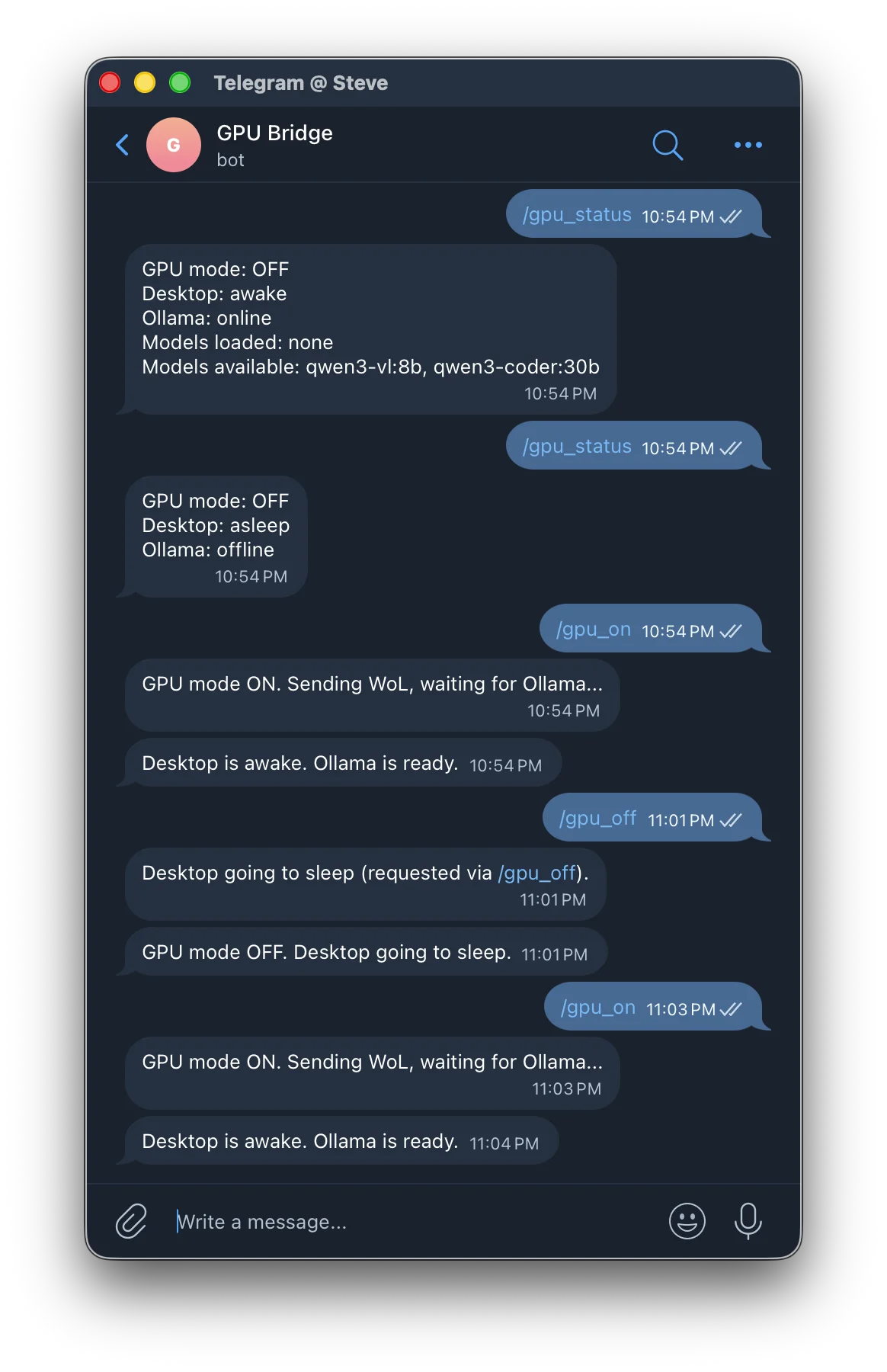 Telegram conversation with GPU Bridge bot showing gpu_status, gpu_on, and gpu_off commands in action