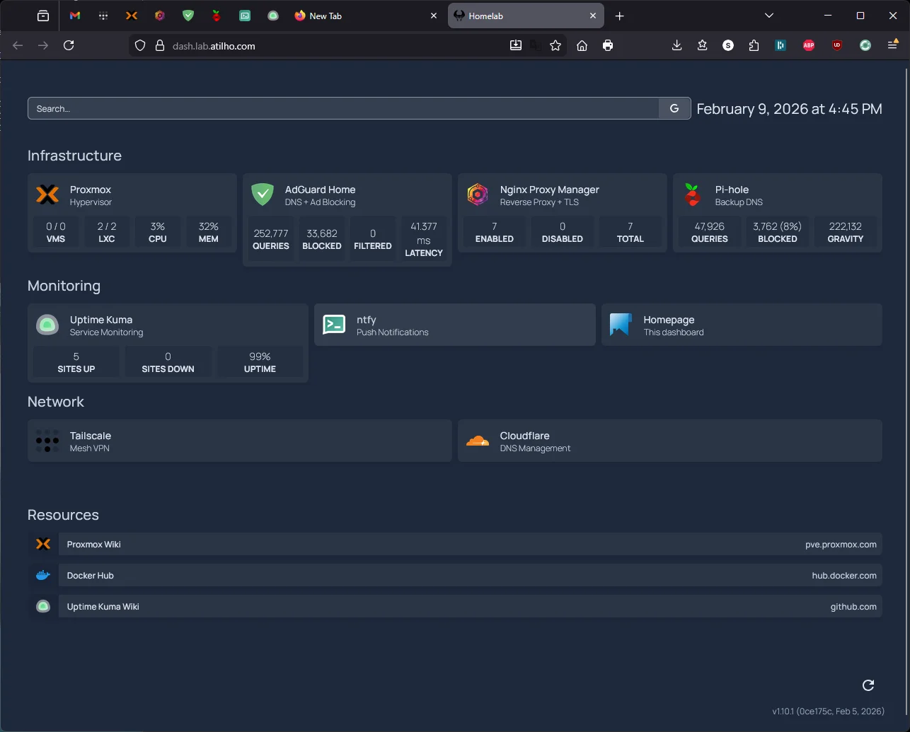 Homepage dashboard showing all services with live widget data