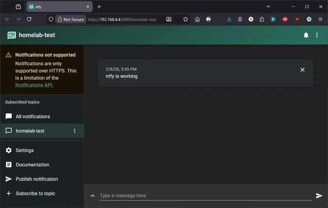 ntfy web UI showing test message on the homelab-test topic