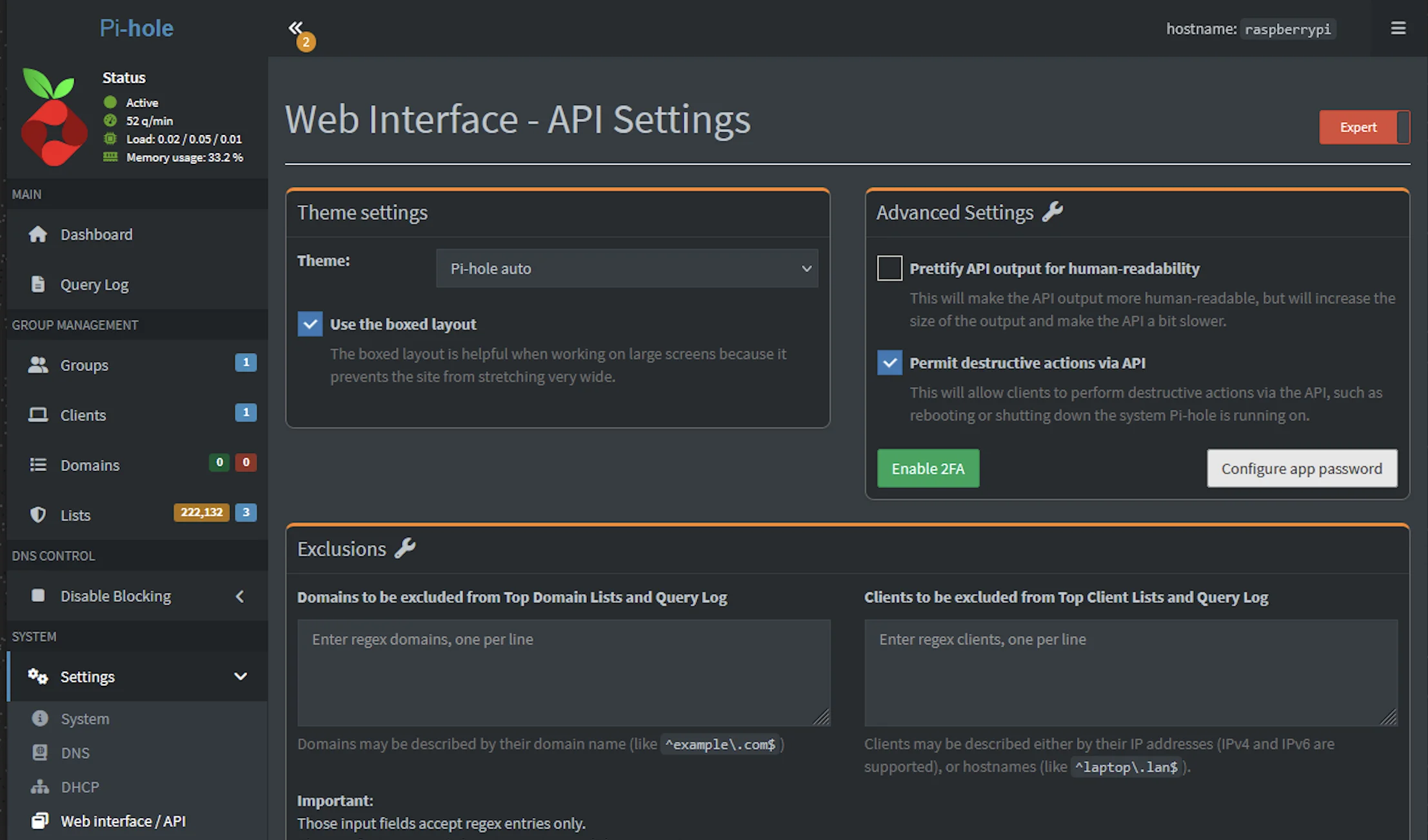 Pi-hole Web Interface API Settings page
