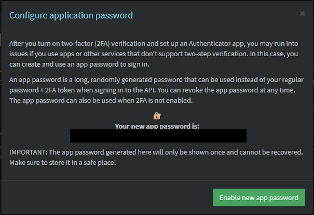 Pi-hole Configure application password dialog