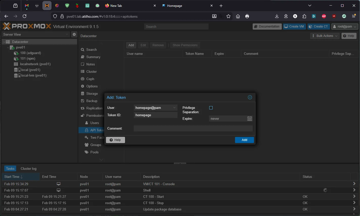 Proxmox Add API Token dialog for homepage user