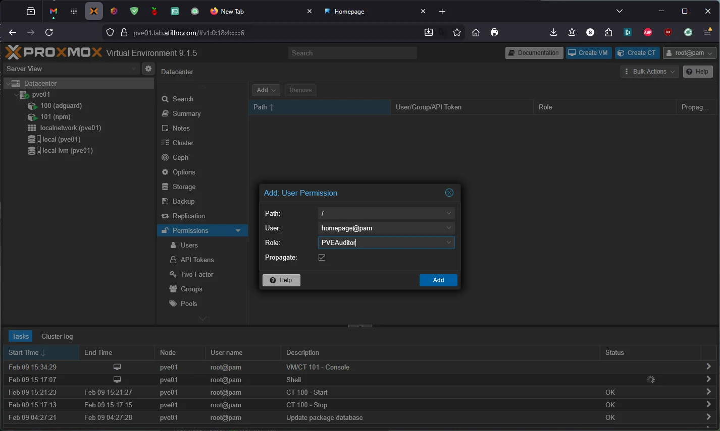 Proxmox Add User Permission dialog with PVEAuditor role
