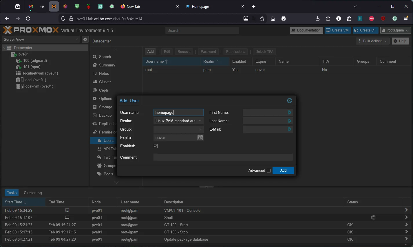 Proxmox Add User dialog creating the homepage user