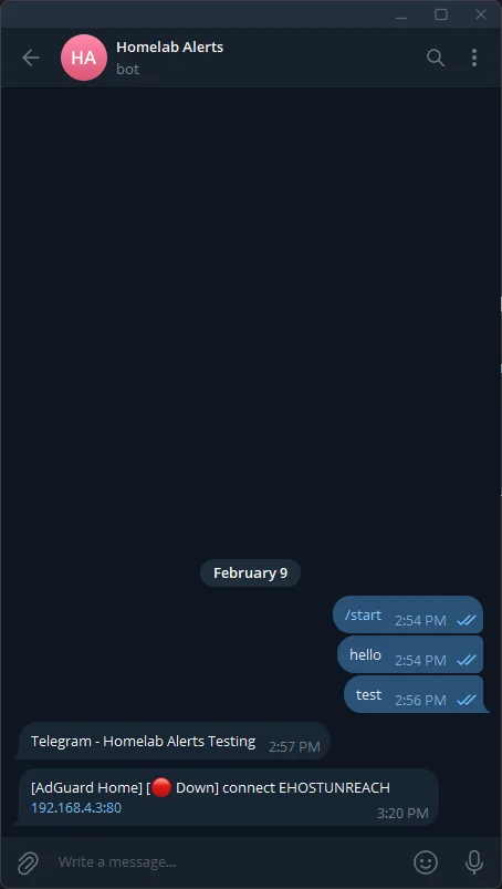 Telegram alert showing AdGuard Home is down