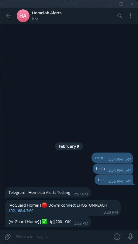 Telegram alerts showing AdGuard Home down and back up