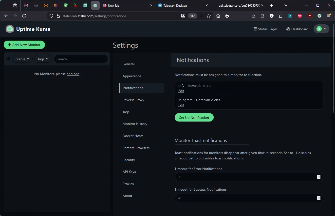 Uptime Kuma notifications settings showing both ntfy and Telegram channels configured