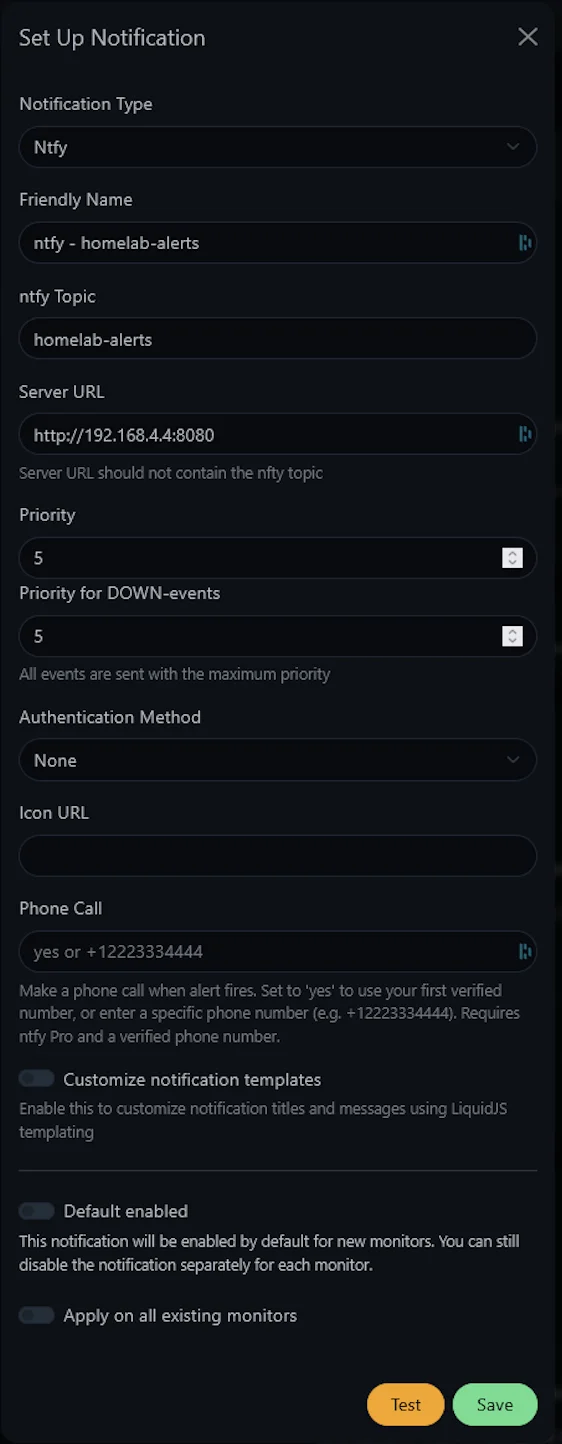 Uptime Kuma ntfy notification setup dialog
