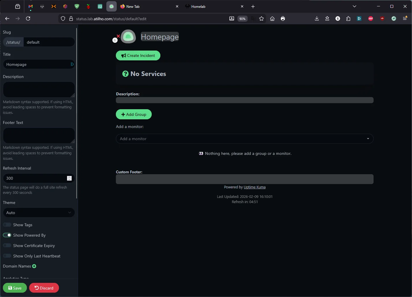 Uptime Kuma Status Page editor with slug set to default