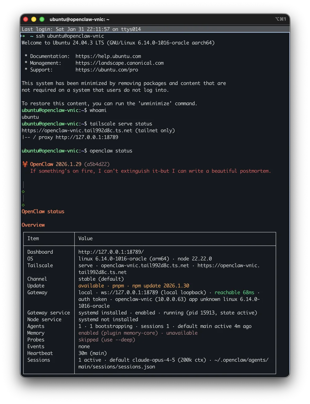 Tailscale SSH and OpenClaw status