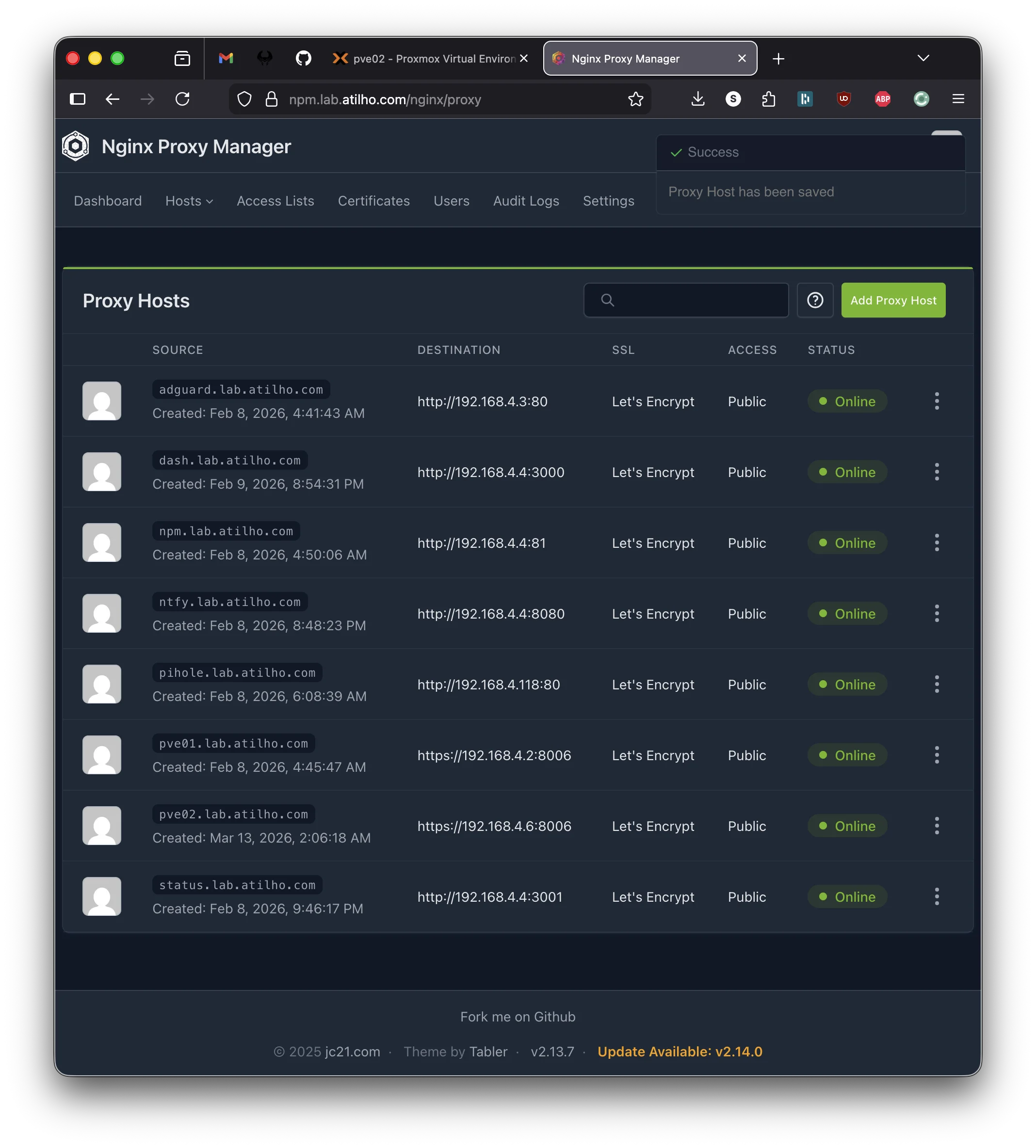Nginx Proxy Manager proxy hosts list showing pve02.lab.atilho.com added and online