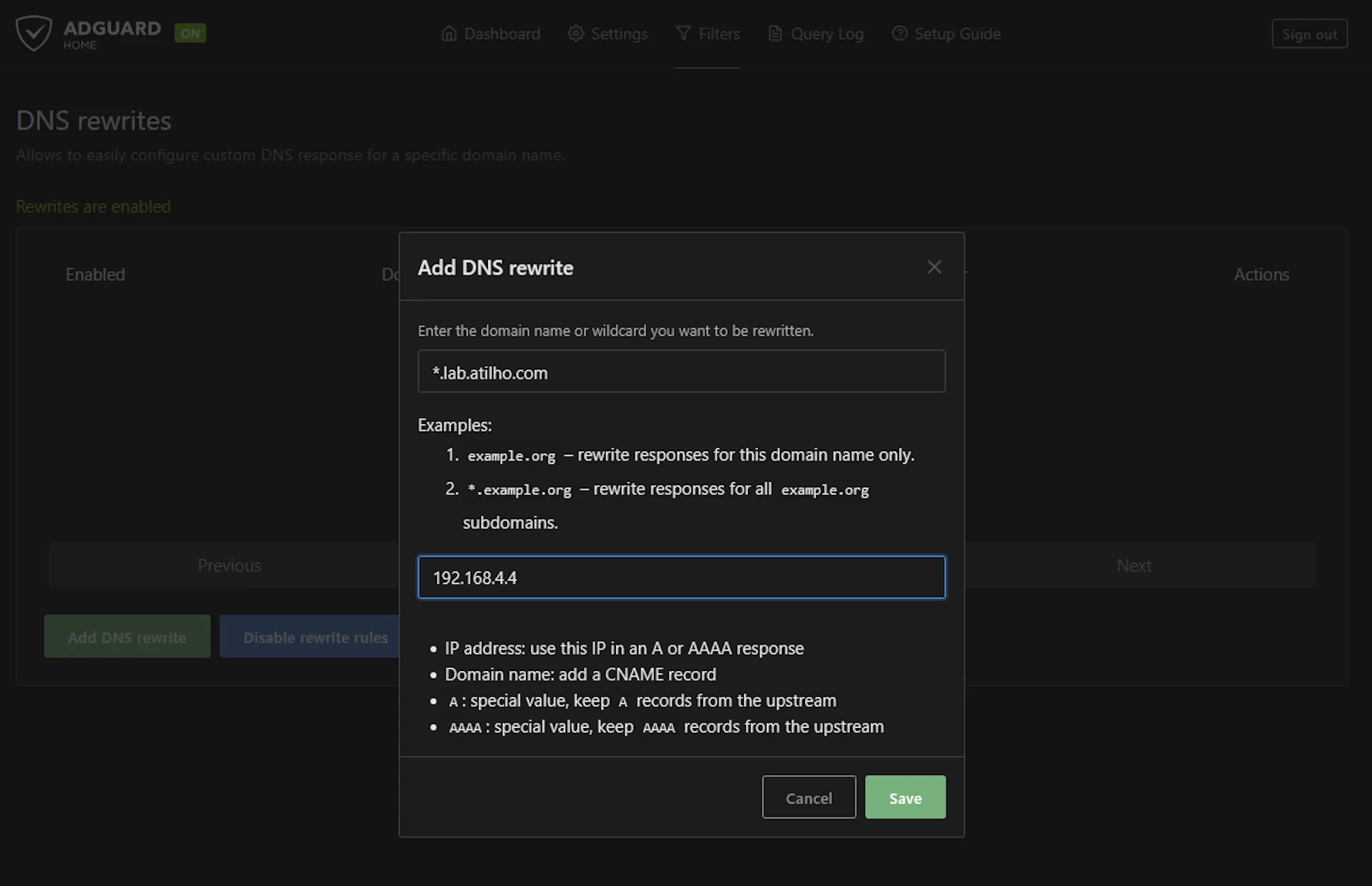 AdGuard DNS rewrite for wildcard lab subdomain