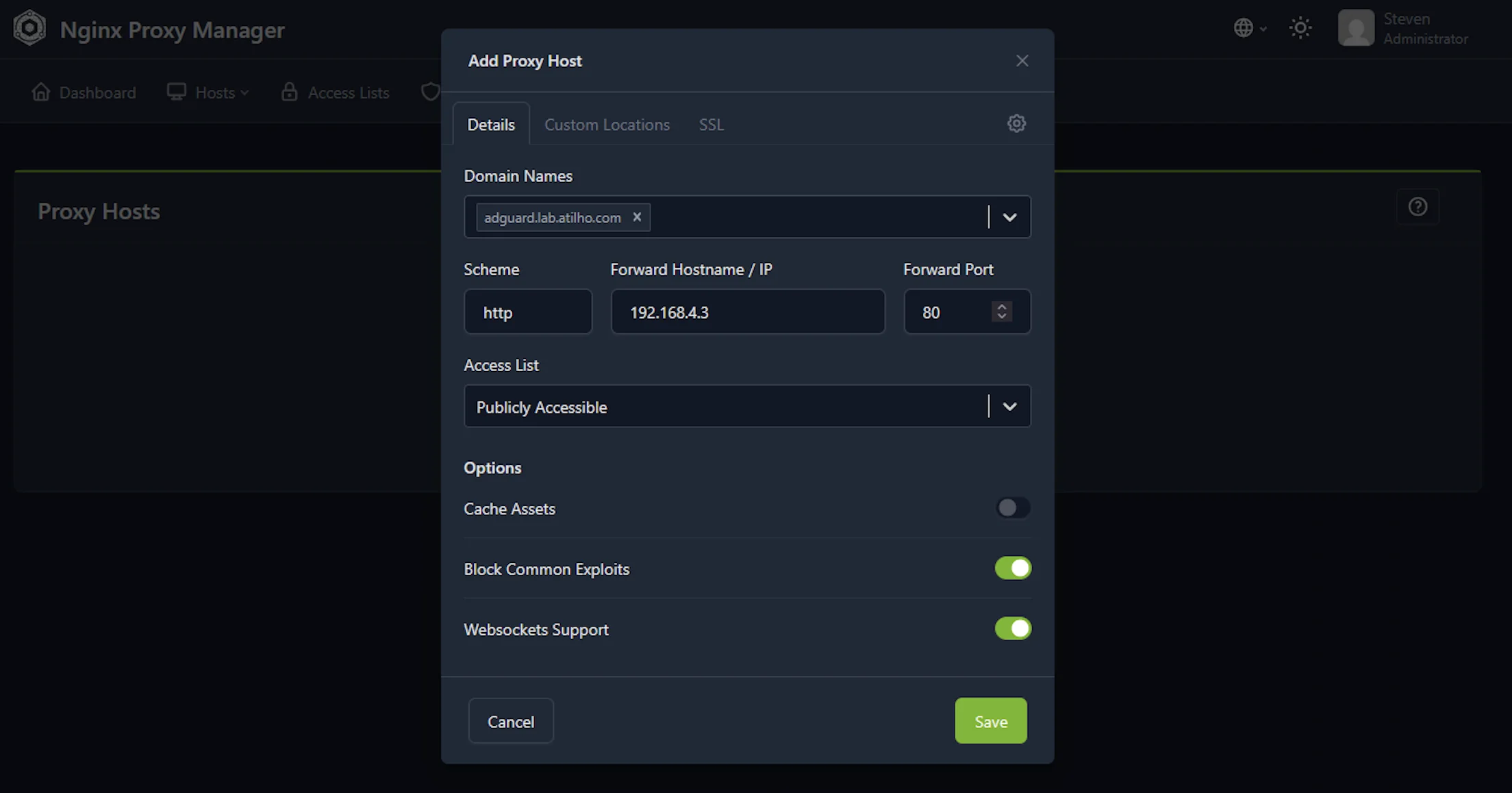 NPM proxy host Details tab for AdGuard