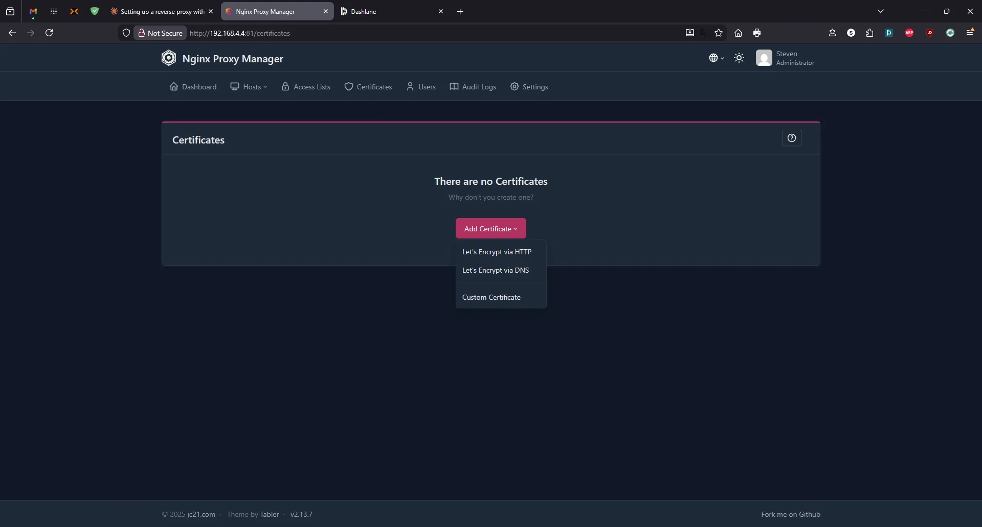 NPM certificates page with Add Certificate dropdown