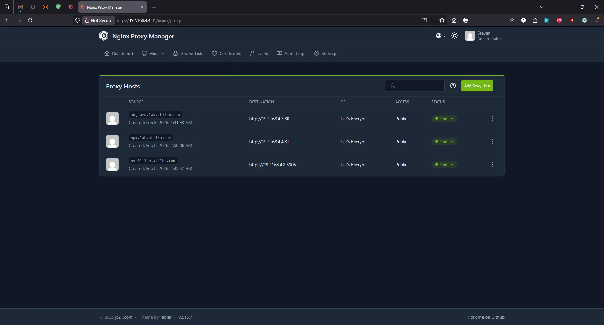 NPM proxy hosts list showing three services online