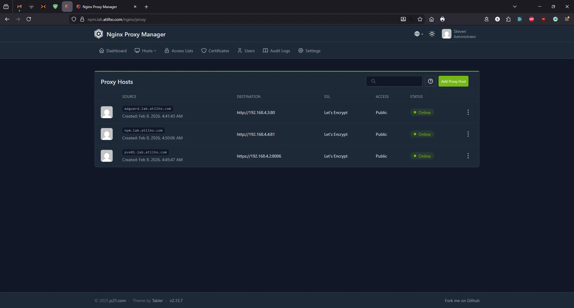 NPM proxy hosts accessed via HTTPS reverse proxy