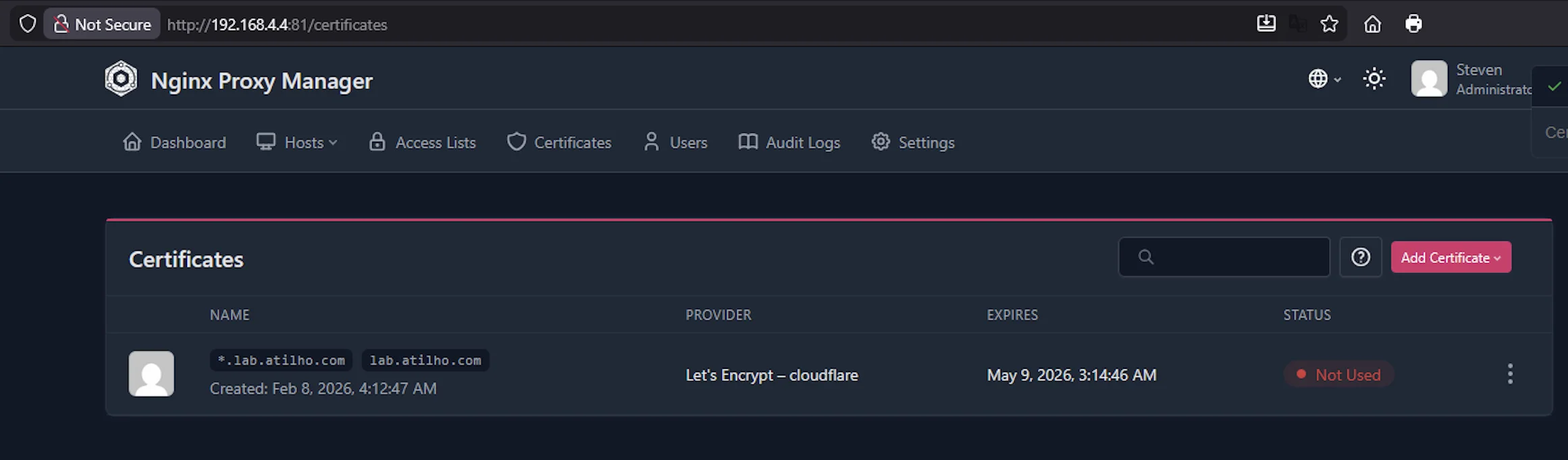 Wildcard certificate created successfully in NPM