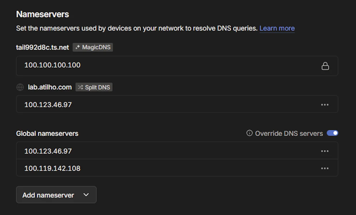 Tailscale DNS admin page with Split DNS configured