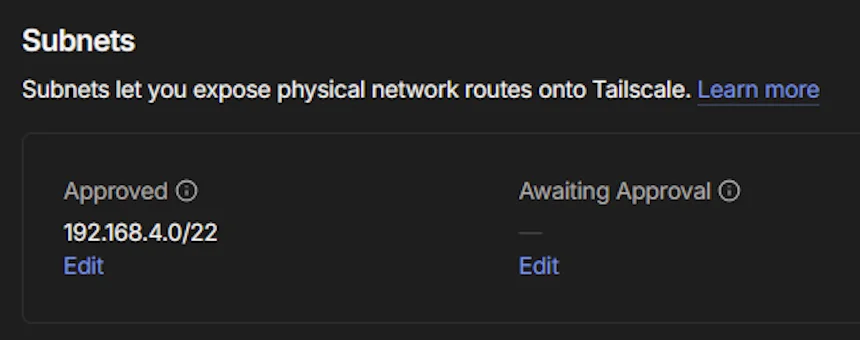 Tailscale pve01 subnets approved