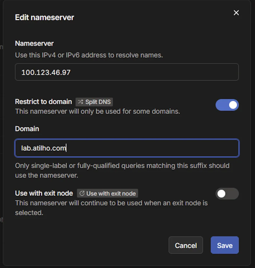 Tailscale Split DNS configuration for lab.atilho.com