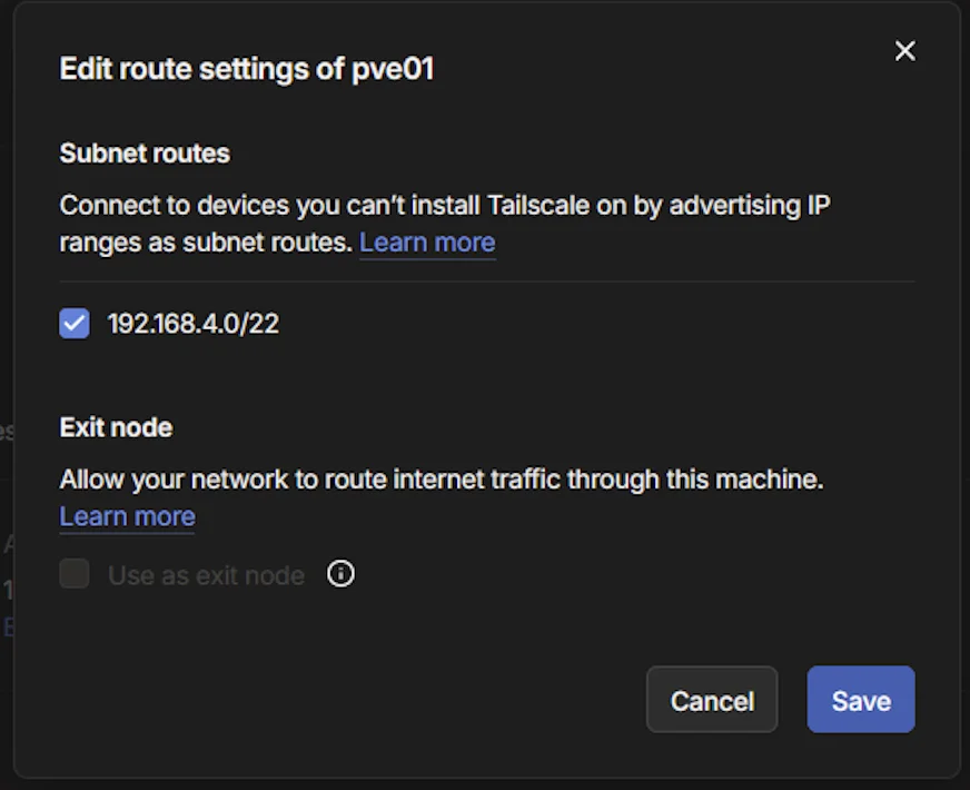 Tailscale subnet route approval for 192.168.4.0/22