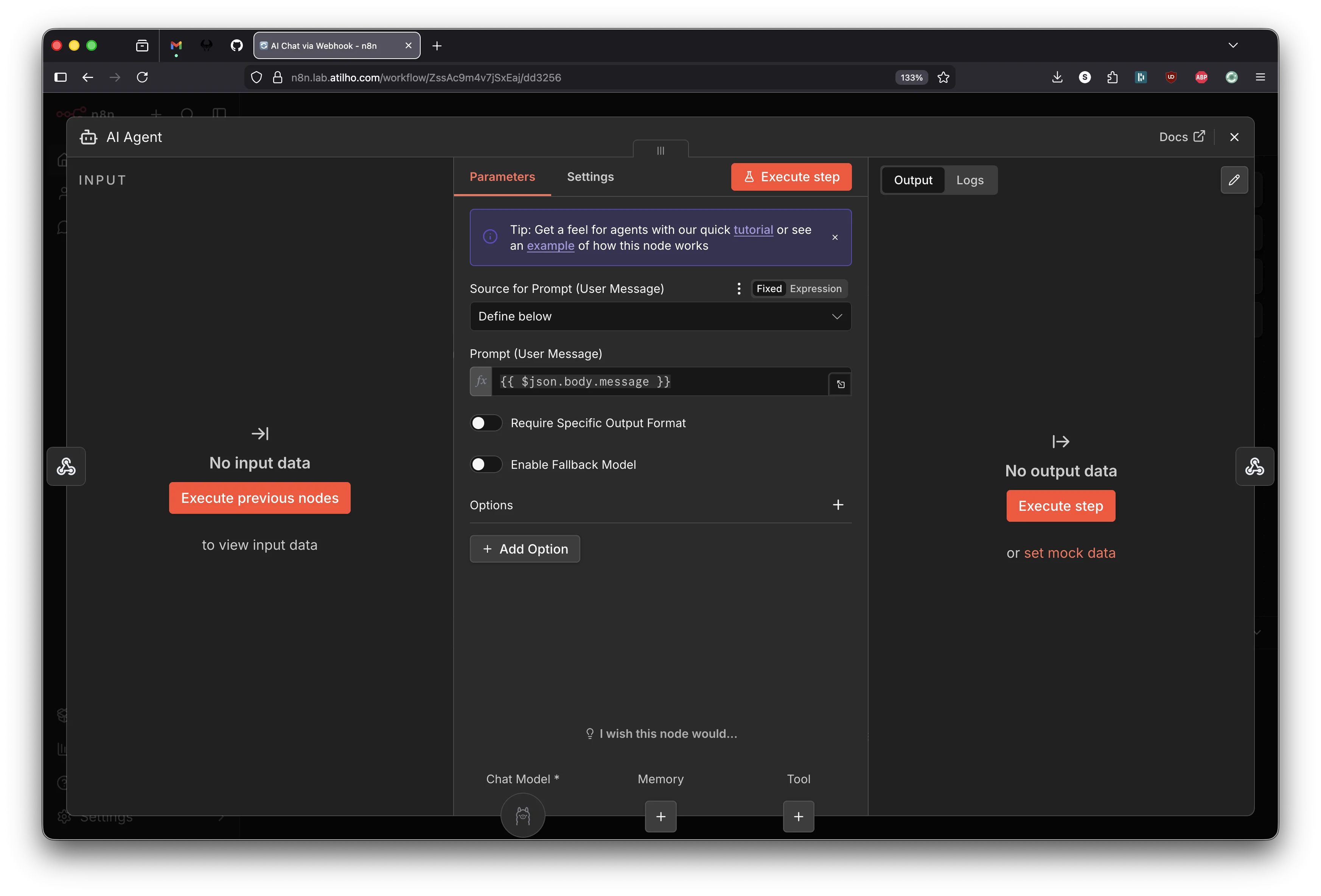 AI Agent node configured with webhook message expression