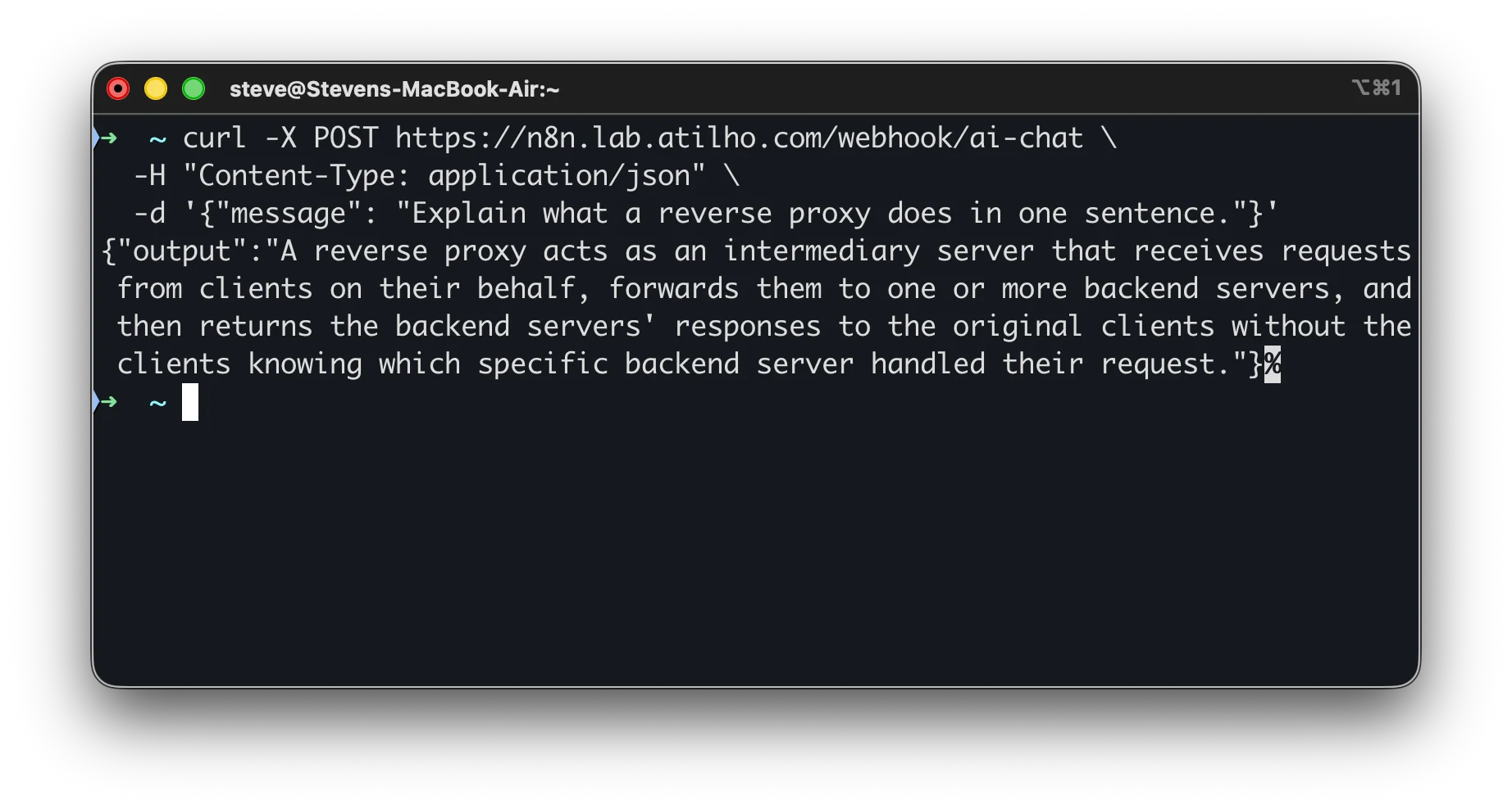 Terminal showing webhook curl request and AI JSON response