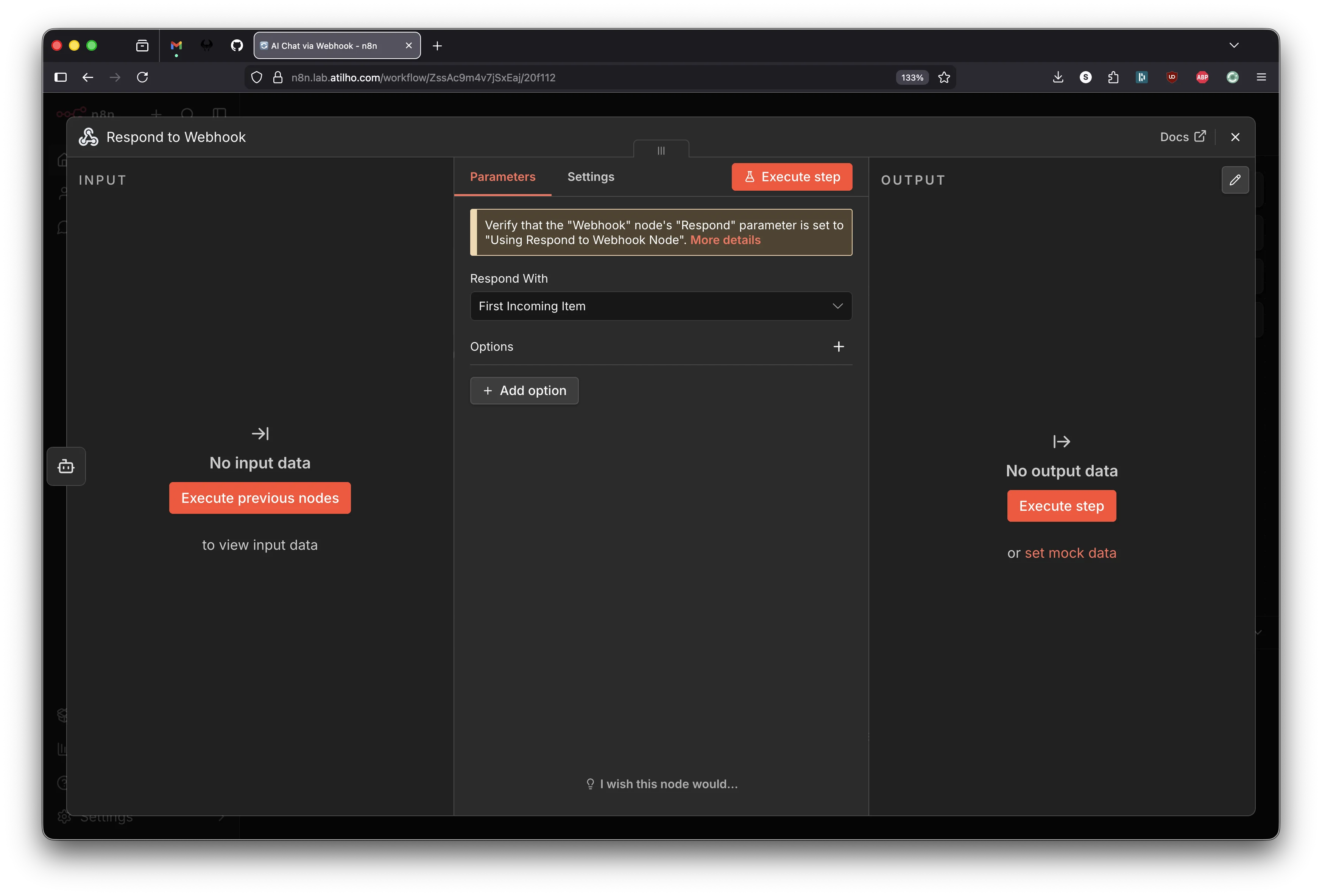Respond to Webhook node with default response mode