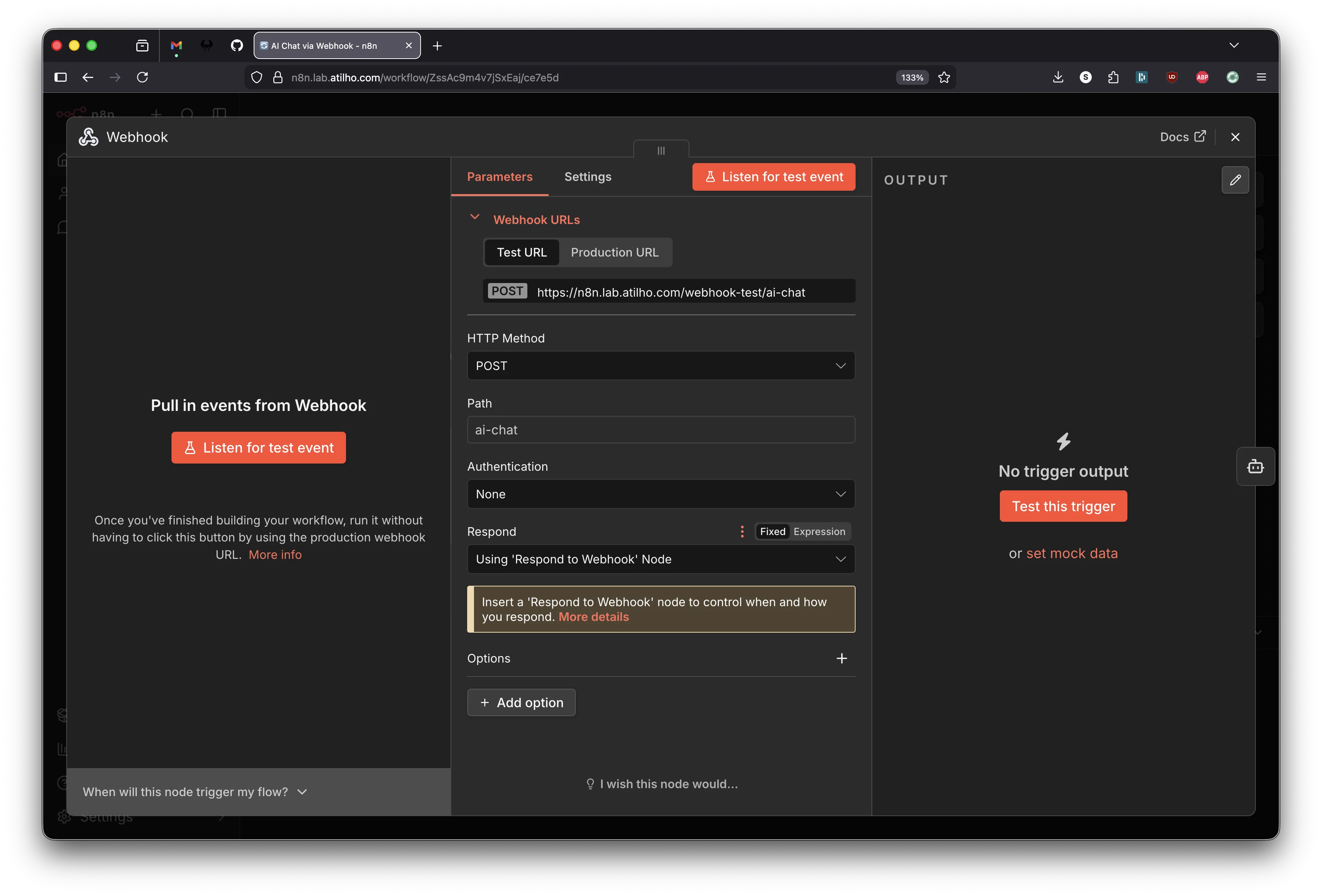 Webhook node configured in n8n