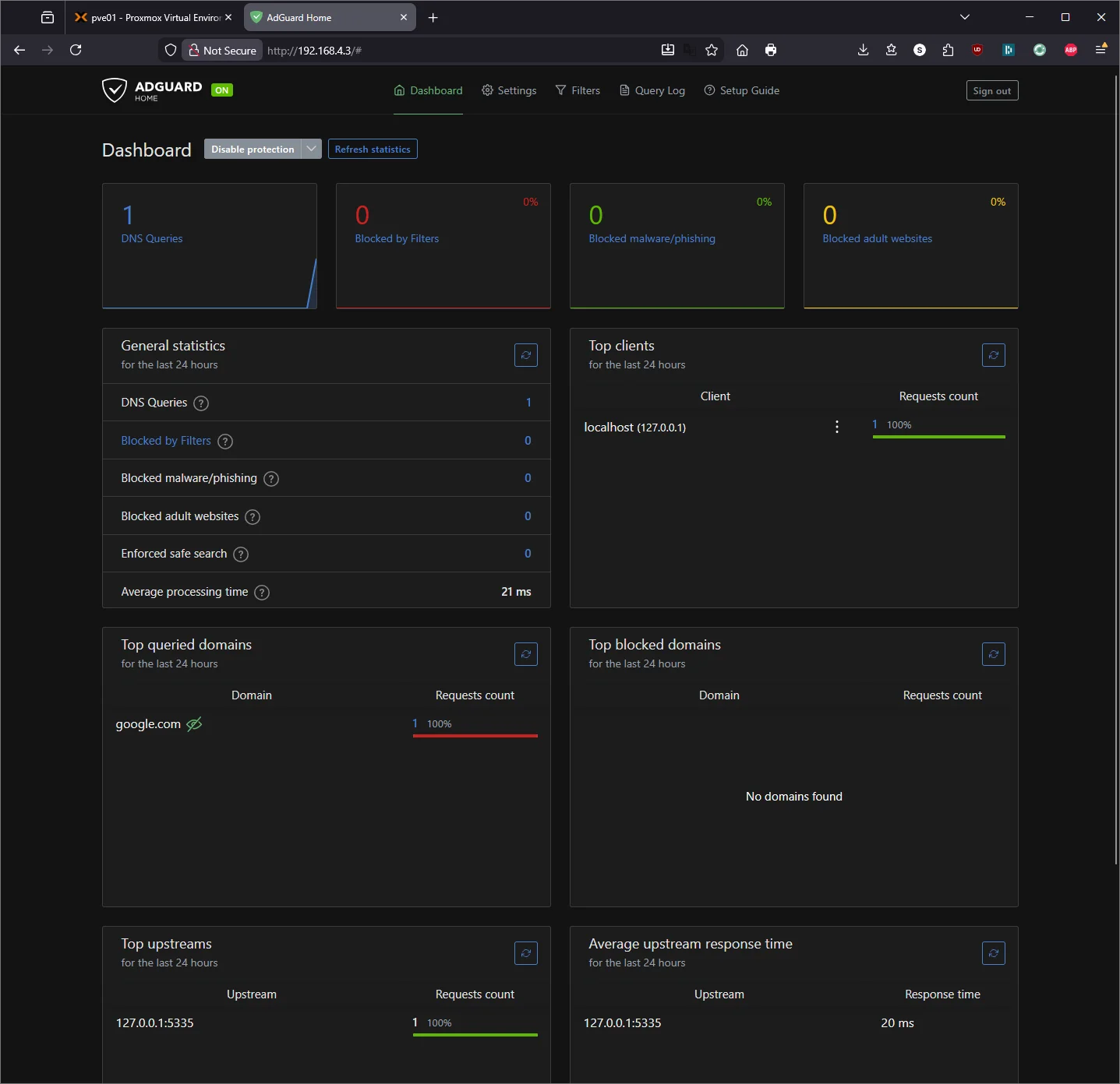 AdGuard Home dashboard showing DNS queries and statistics