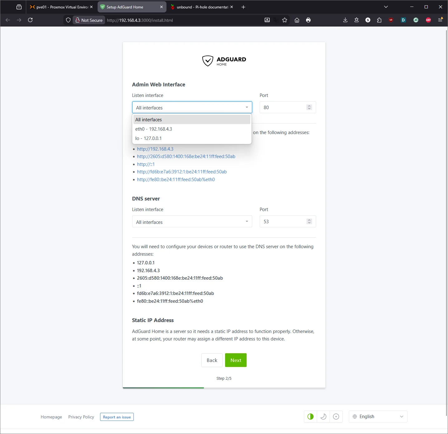 AdGuard Home setup - configuring listen interfaces and ports