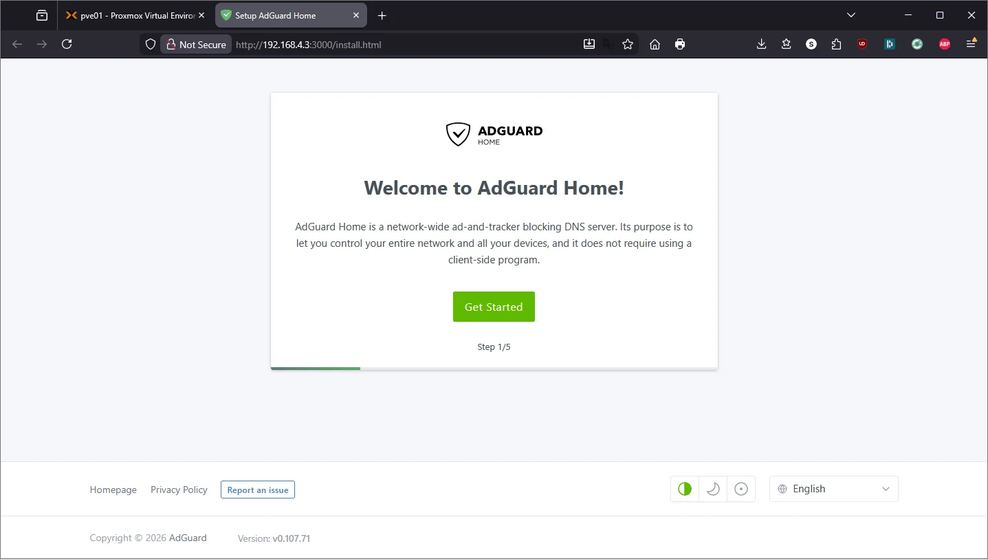 AdGuard Home setup wizard welcome page