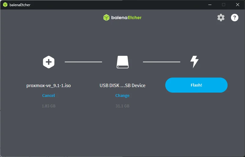 balenaEtcher flashing Proxmox VE ISO to USB