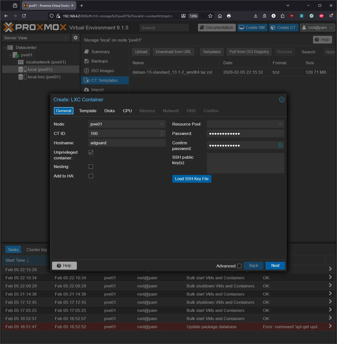 Proxmox Create LXC Container - General tab