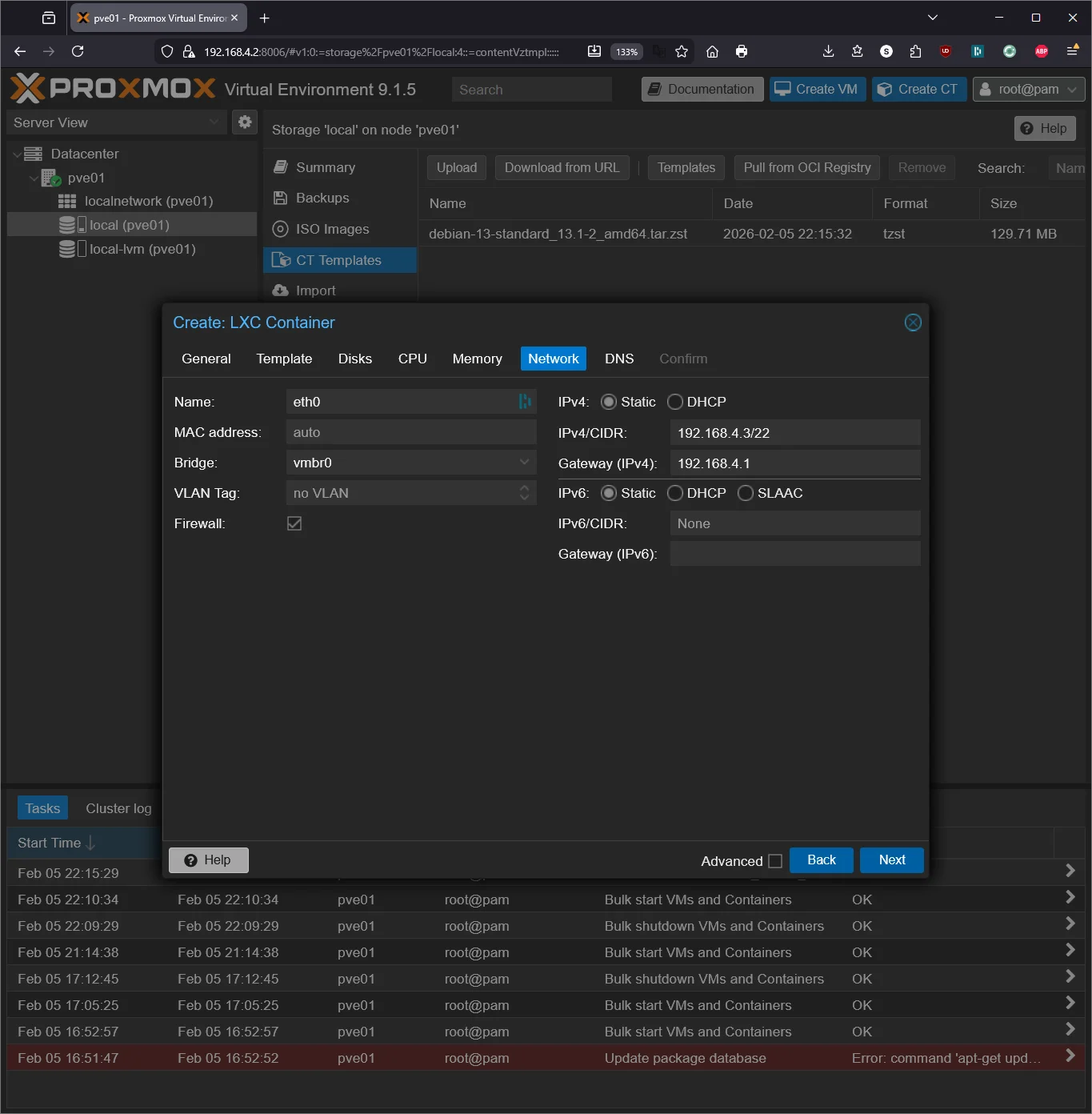 Proxmox Create LXC Container - Network tab with static IP