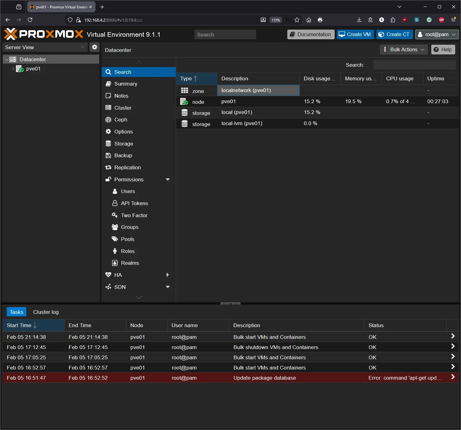 Proxmox VE 9.1 web GUI dashboard