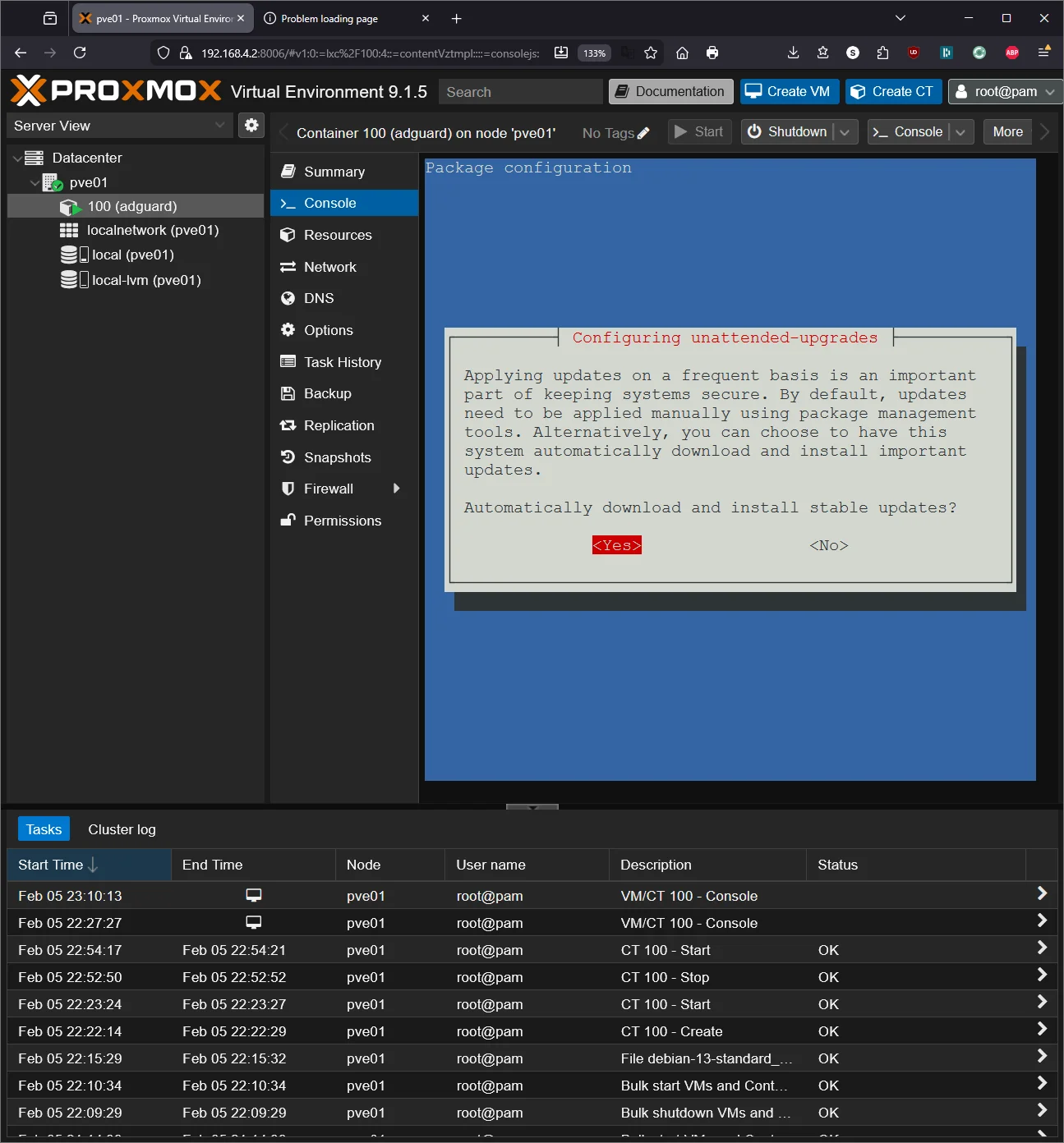 Configuring unattended-upgrades in the Proxmox console