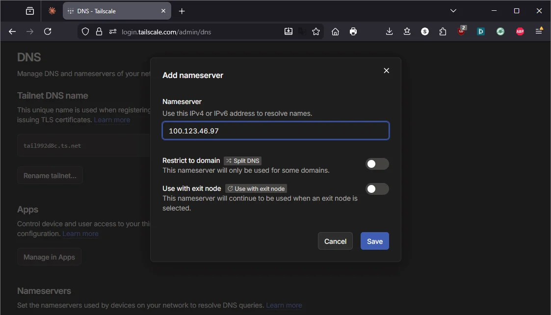 Tailscale admin console - adding AdGuard Home as custom nameserver