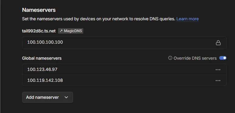 Tailscale DNS nameservers configured with AdGuard Home