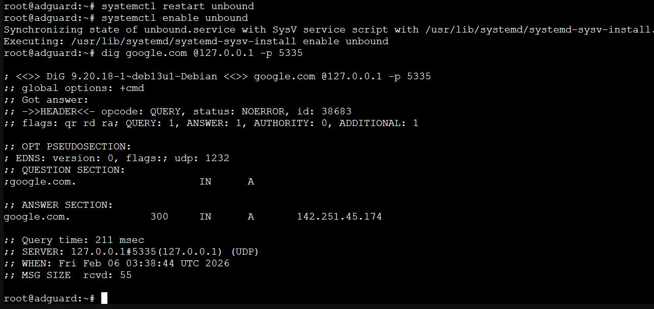 Unbound dig test showing successful DNS resolution on port 5335